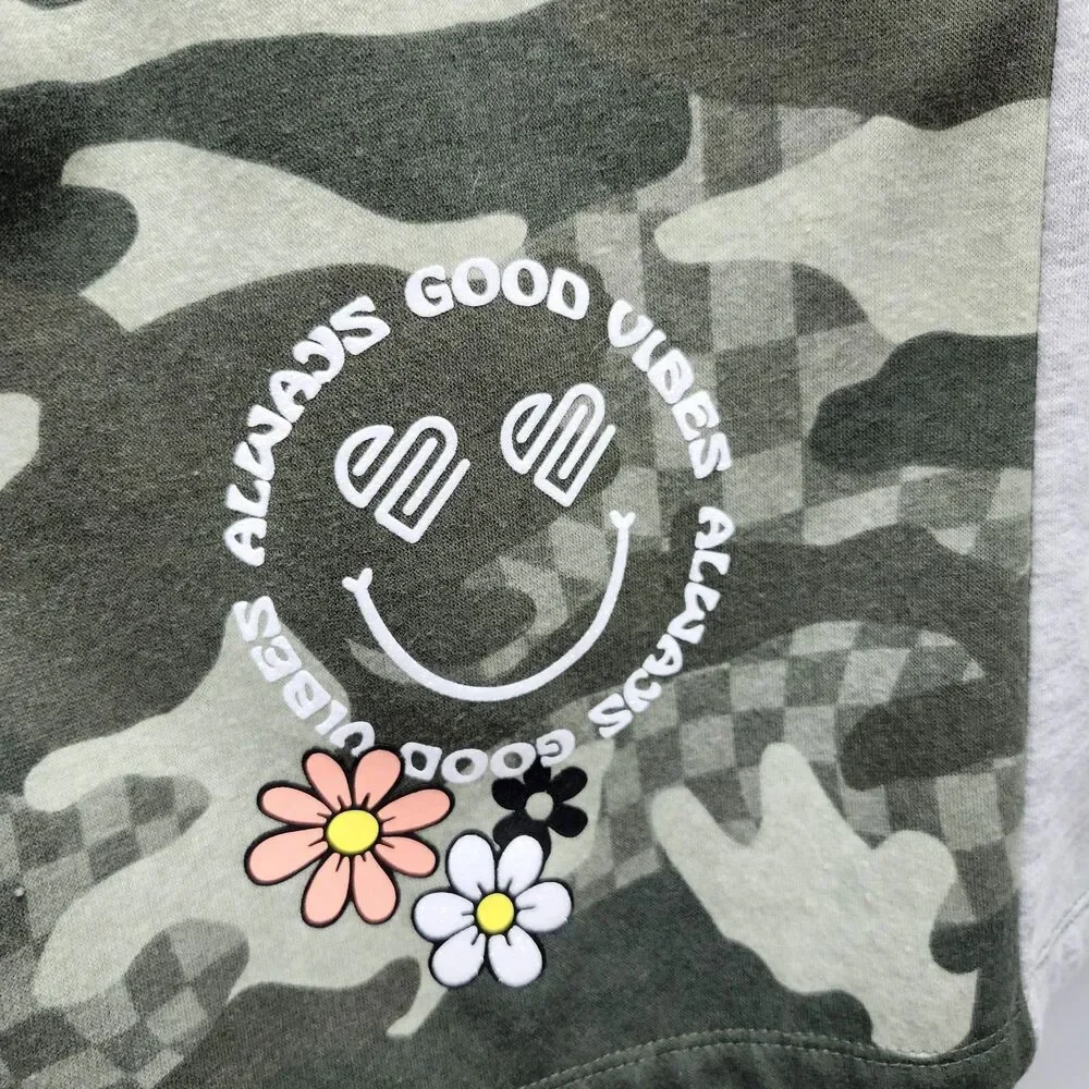 Justice Sport Girls XL Plus 16P-18P Hooded Sweatshirt Camouflage Gray Good Vibes